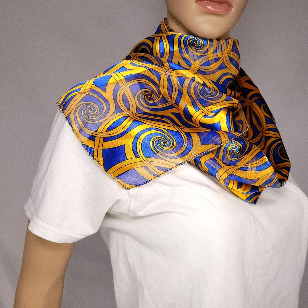 Retro Vintage 1990s Polyester Luxury Spiral Pattern Scarf, Rich Navy Blue & Gold